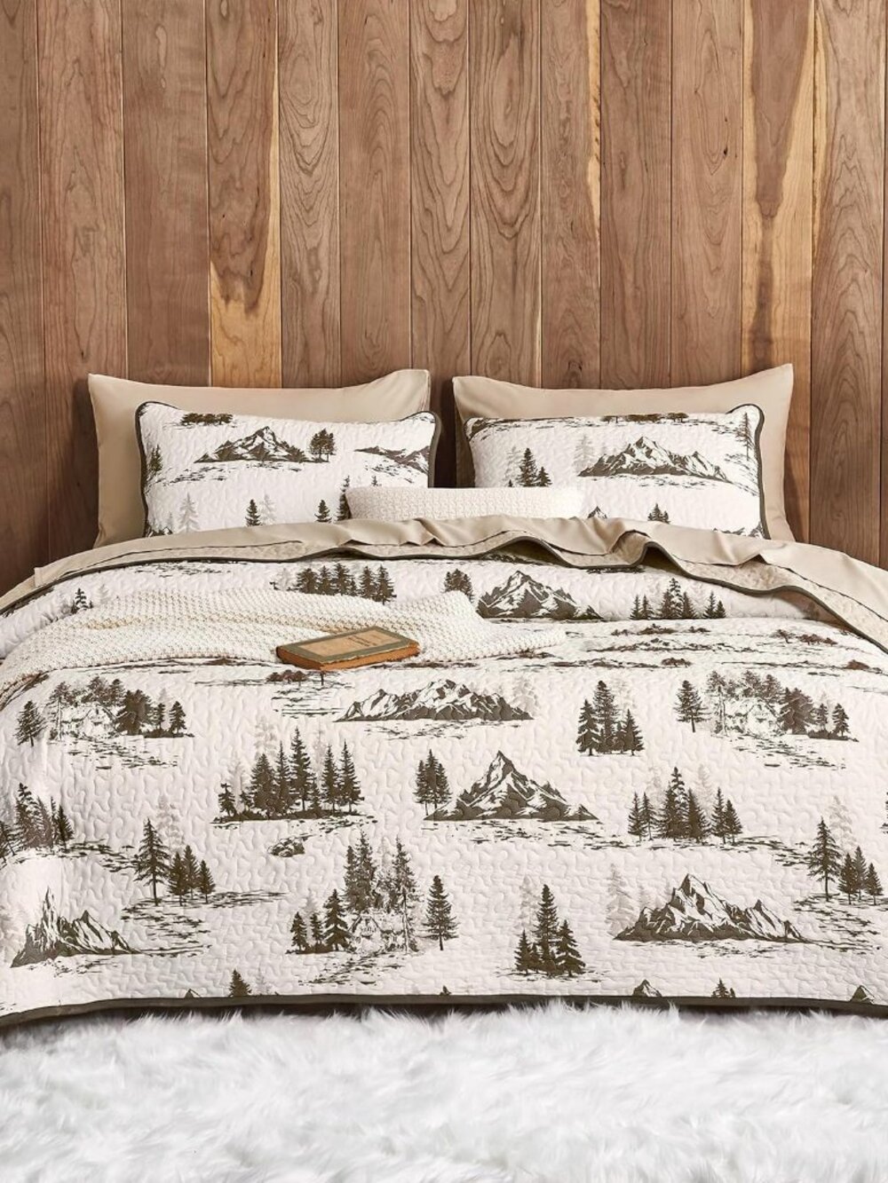 Rustic Quilt Set, Cabin Forest Woodland Camping Theme with Lodge Mountain Print,